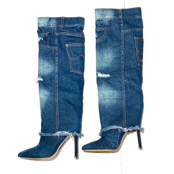 NEW Distressed Denim Pointed Knee High Heeled Zipper Boots Size 38, US 7 - Picture 6 of 15